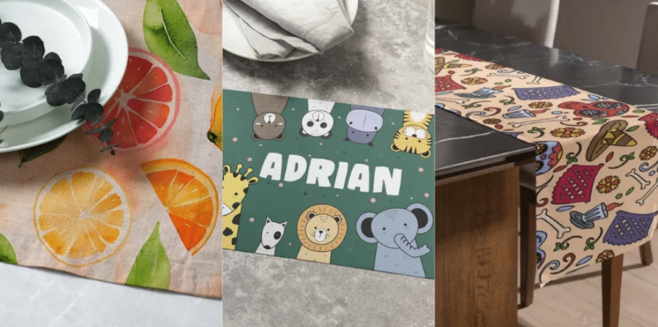 Print-on-demand table runners and a personalized placemat styled in real home settings.