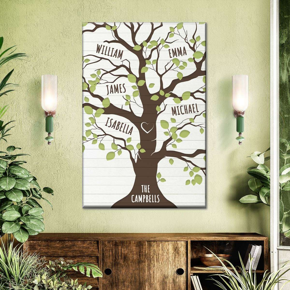 Personalized family tree wall art with names displayed in a living room setting.
