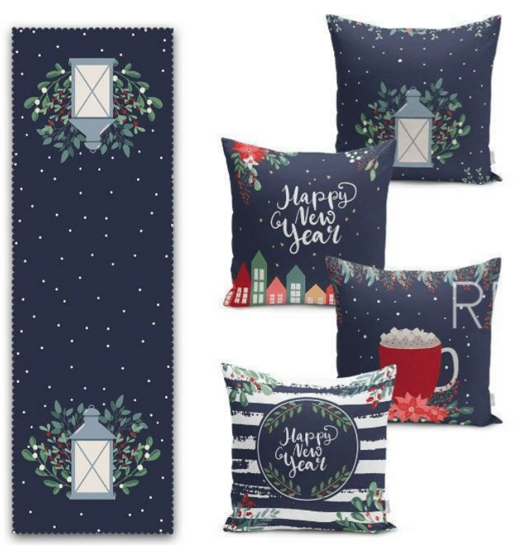 Seasonal throw pillows and a matching table runner with festive New Year designs.