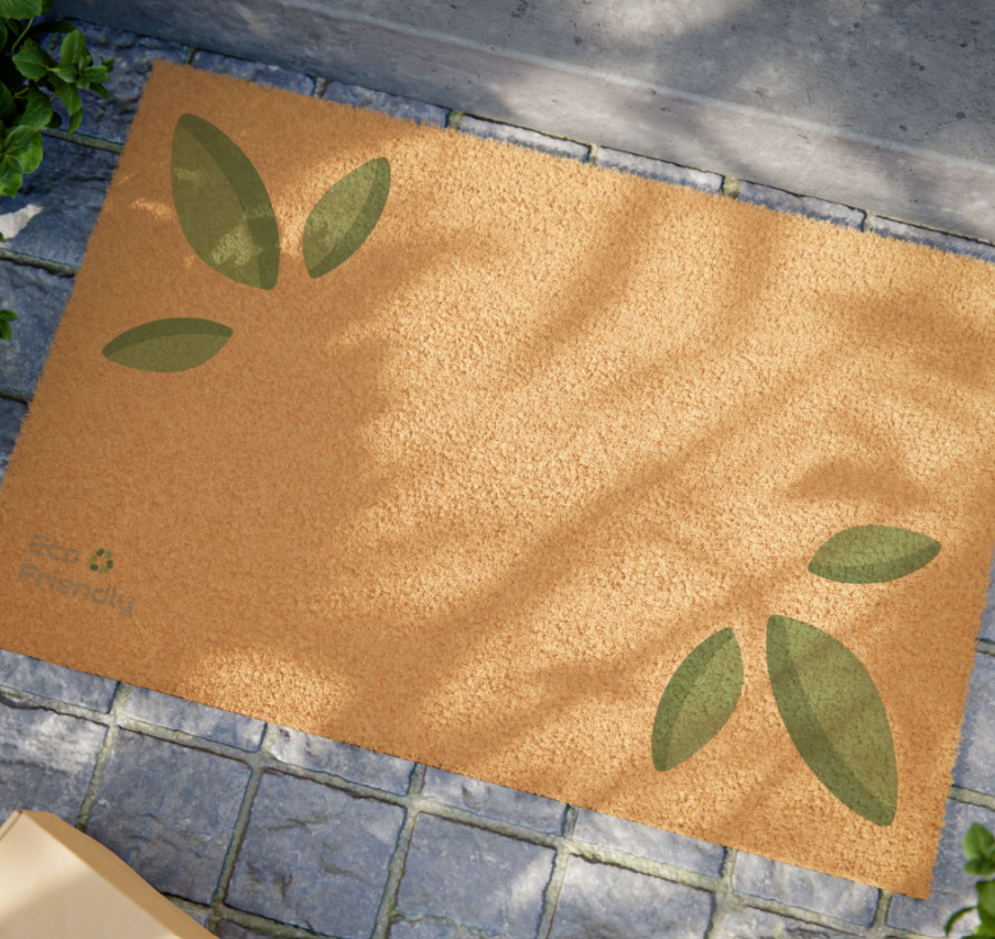 Sustainable doormat with green leaf print.