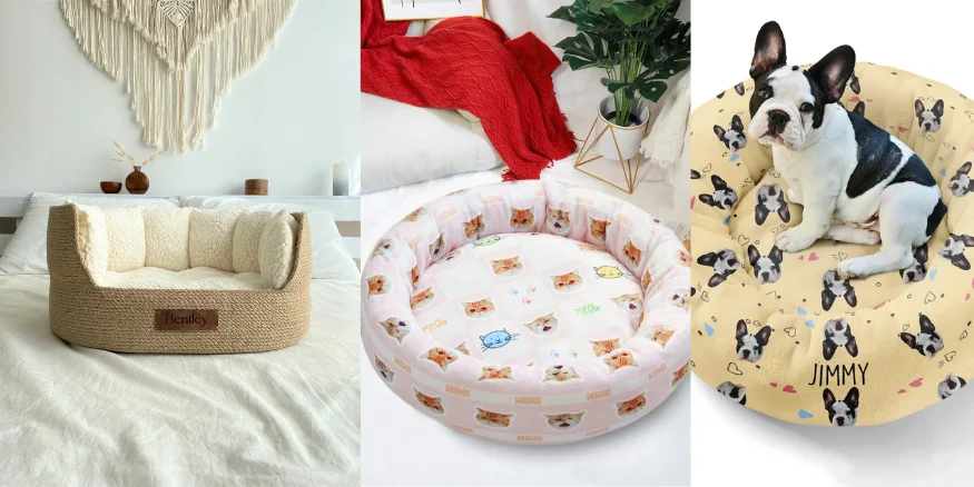 Personalized pet bed with printed design.