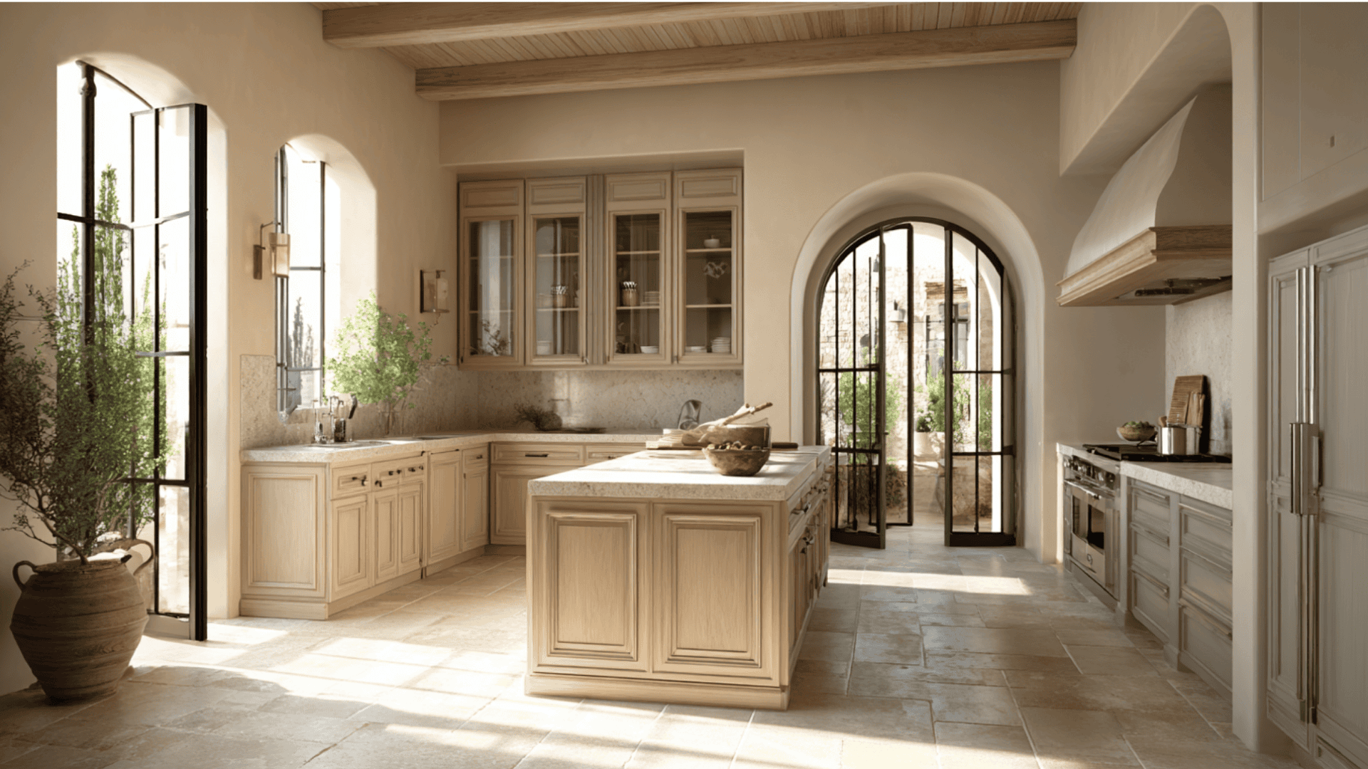 A bright kitchen featuring a large window and elegant wooden cabinets.