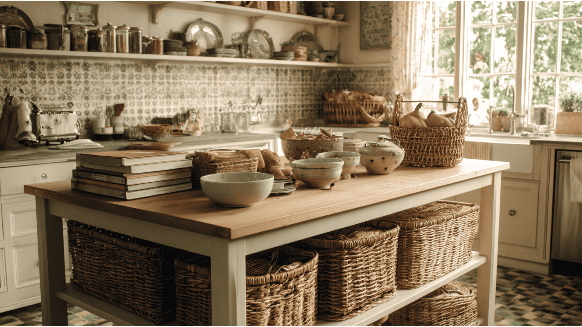 A bright kitchen with wicker baskets arranged neatly and a sturdy wooden table at the center, enhancing the space's charm.