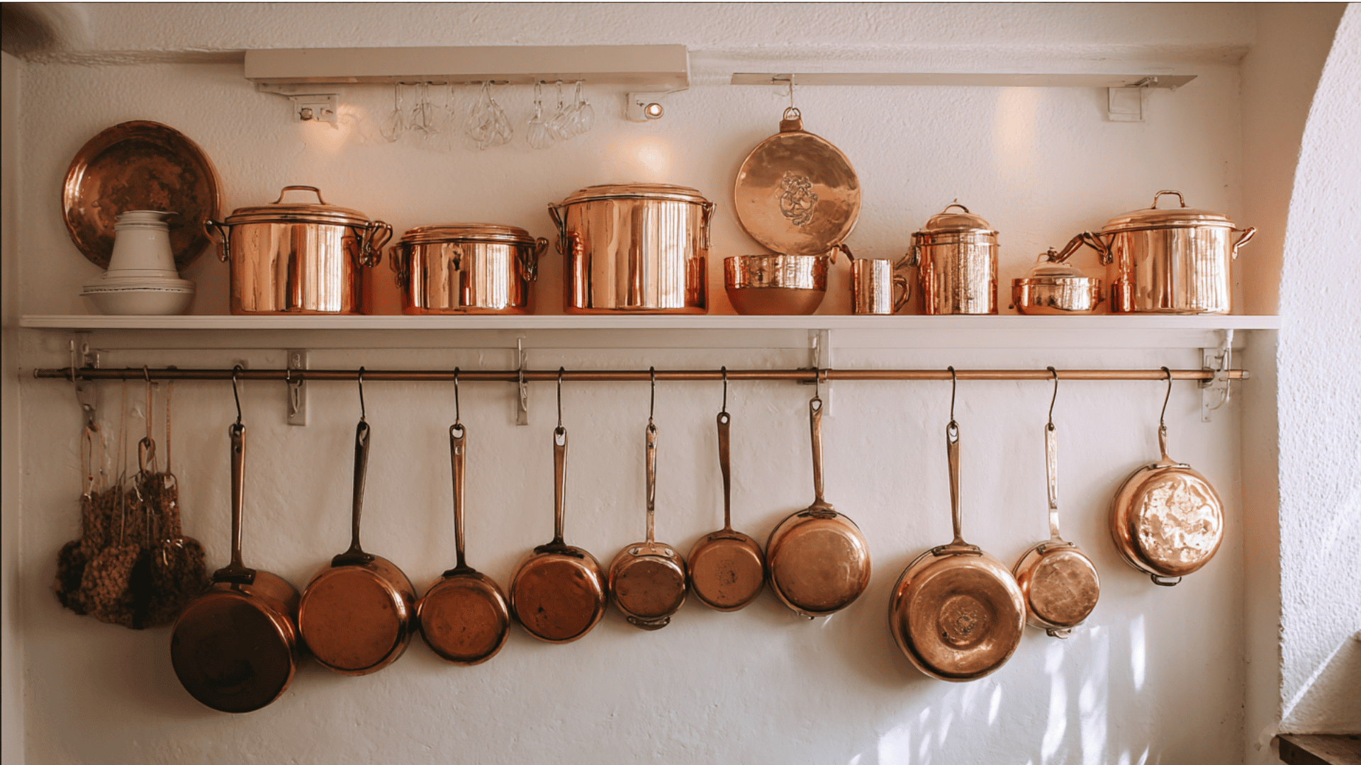 A collection of polished copper pots and pans are displayed on a white shelf and hanging from a rod against a warm, textured white kitchen wall.
