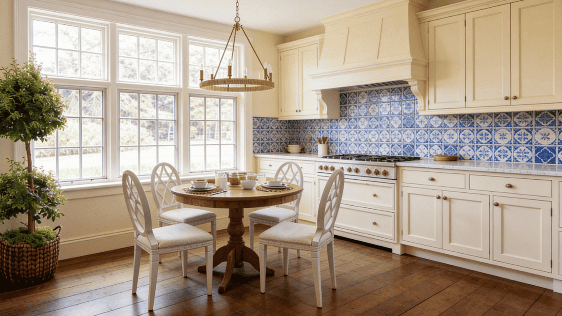 _ A cozy kitchen featuring a wooden table surrounded by four chairs, with warm lighting and a welcoming atmosphere.