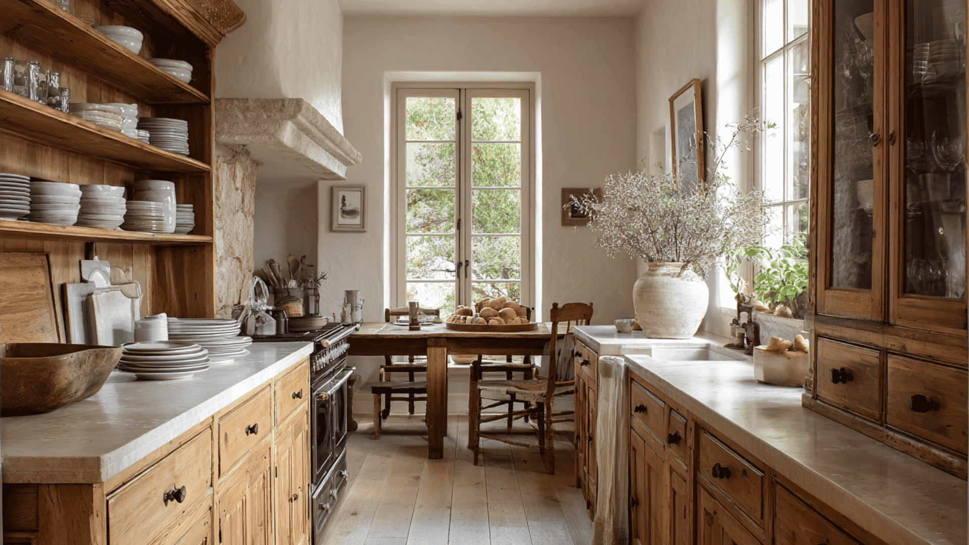 _A cozy kitchen with wooden cabinets and a window, allowing natural light to brighten the space.