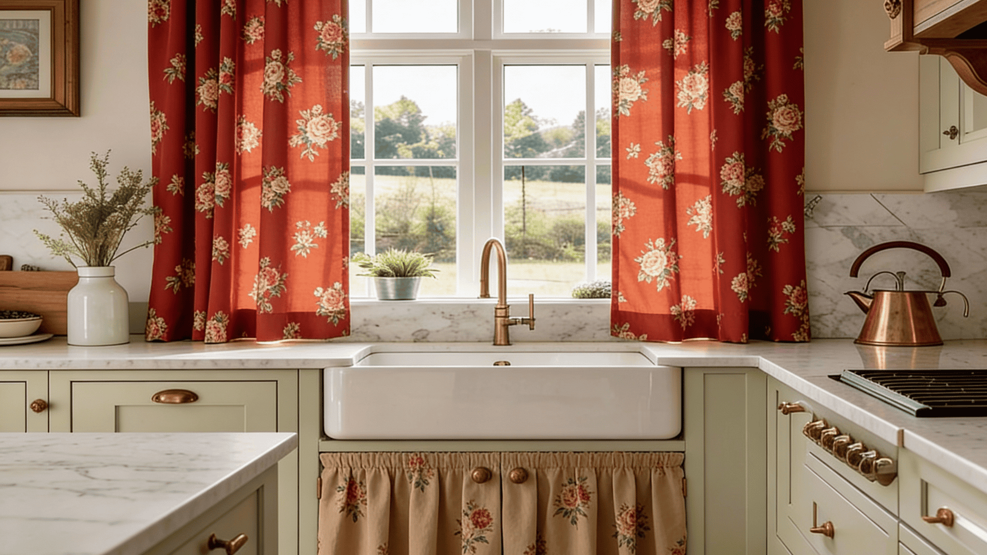 _A farmhouse kitchen sink area featuring sage green cabinets, white marble counters, and prominent rust-red floral curtains framing a bright outdoor view.