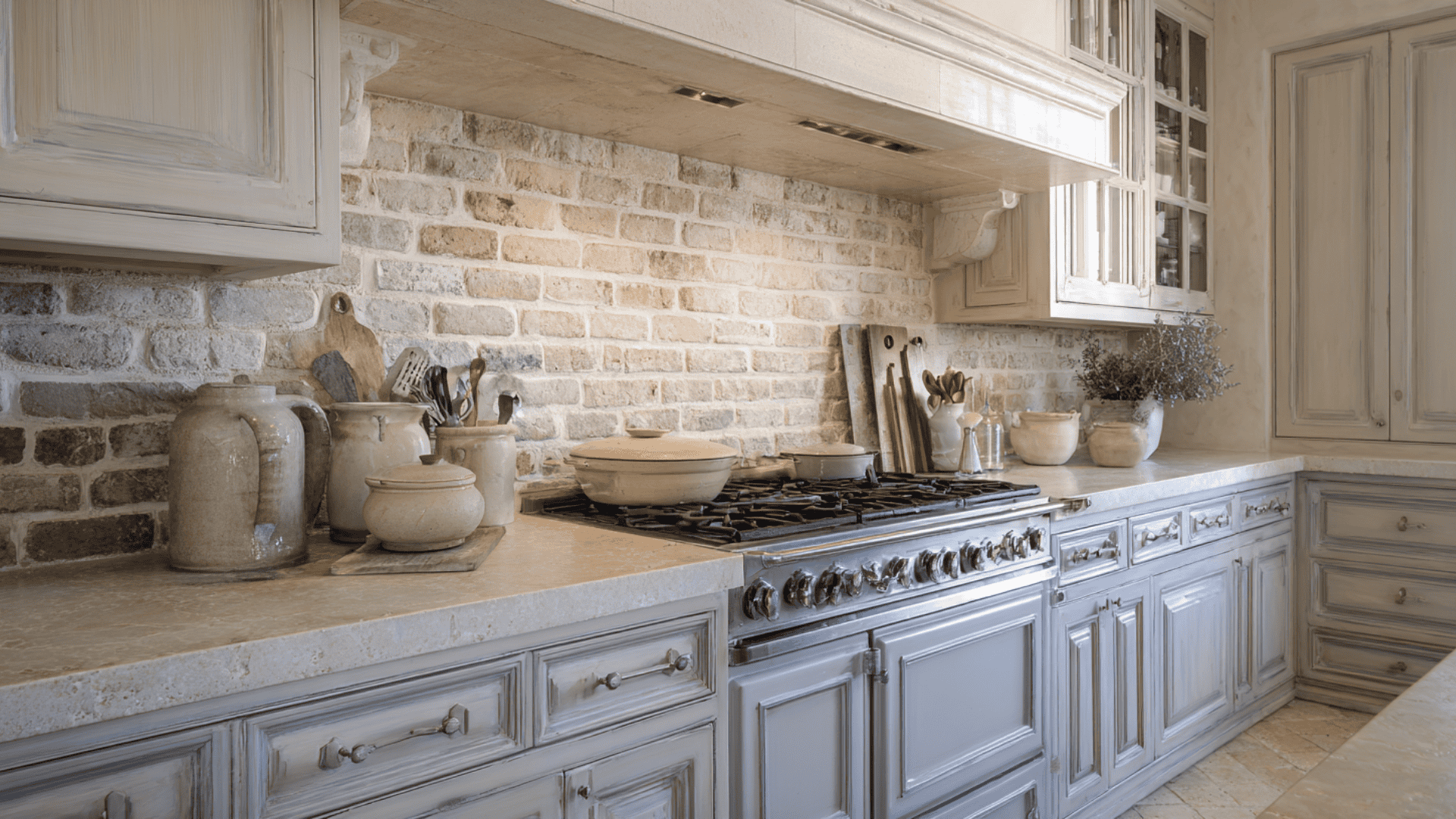 A kitchen featuring a rustic brick wall and a modern stove, creating a warm and inviting cooking space. (1)