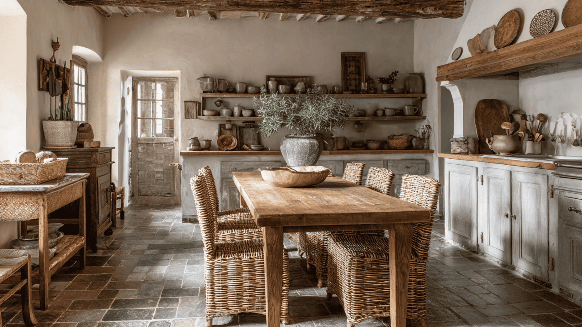 _ A kitchen featuring a wooden table surrounded by four chairs, with cabinets and appliances in the background.