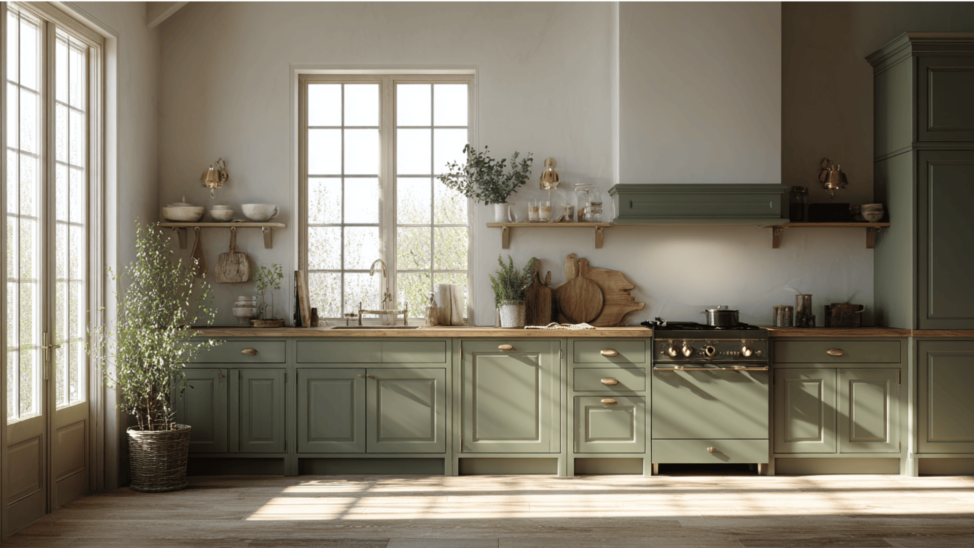 A kitchen featuring green cabinets and a modern stove, creating a vibrant and inviting cooking space.