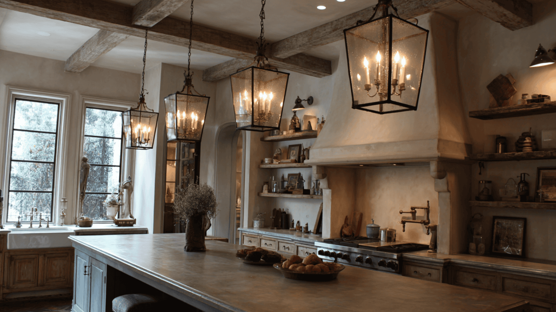 A rustic kitchen interior featuring a large island, exposed wooden beams, and three lantern-style chandeliers hanging above.