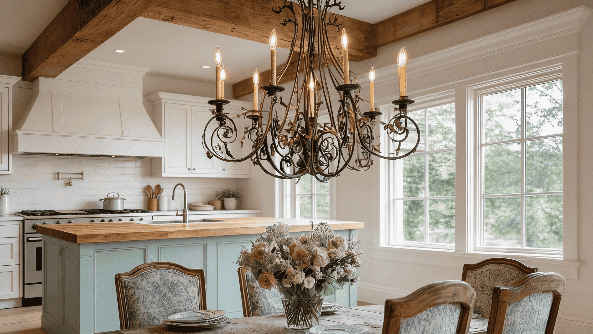A rustic kitchen with white cabinetry, a light blue island, wood beams, and a large wrought-iron chandelier hanging over a dining table set with flowers.
