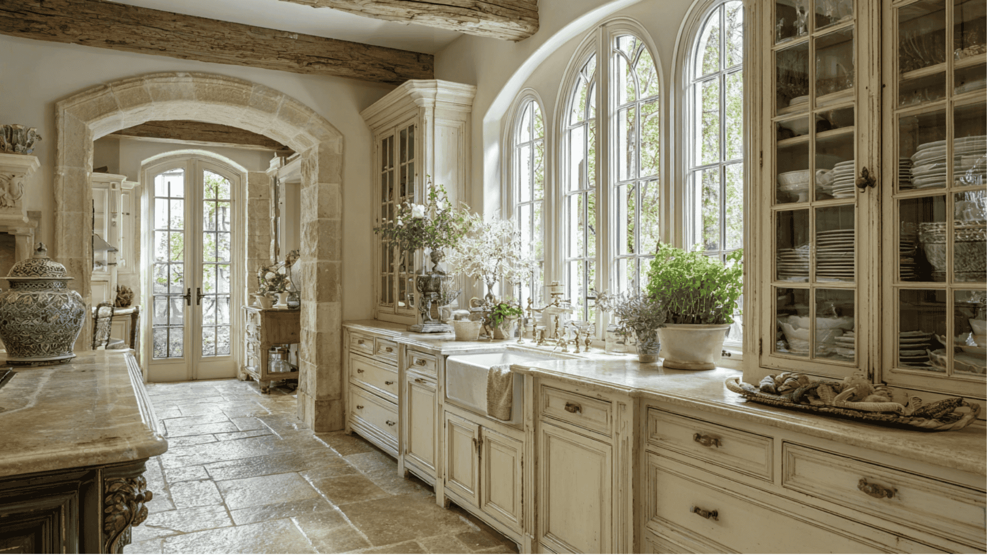 A spacious kitchen featuring numerous cabinets and a central sink, designed for functionality and storage.