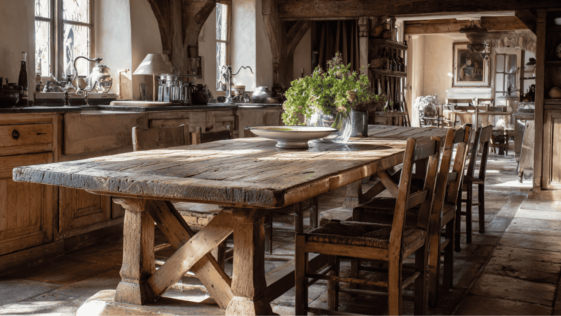 _ A wooden table set in a cozy kitchen, surrounded by chairs and natural light streaming through a window.