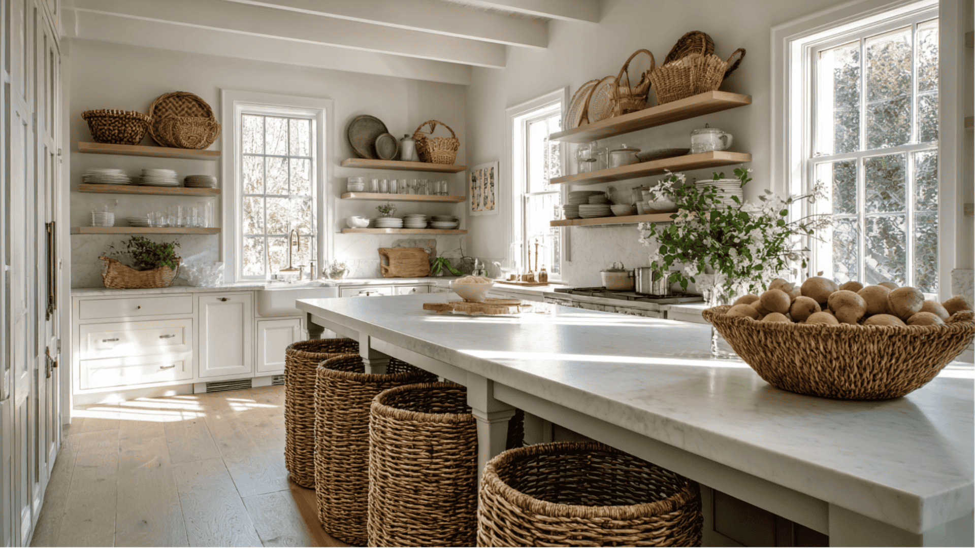 _Bright farmhouse kitchen featuring white cabinetry, exposed wooden shelving with baskets, a large marble island holding woven storage baskets and a bowl of potatoes, and natural light from tall w