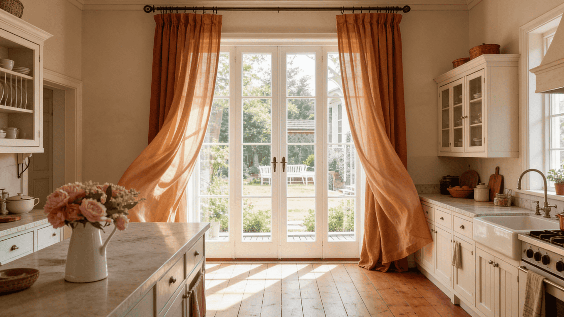 _Bright farmhouse kitchen with white cabinetry and wood floors featuring sunlit French doors opening onto a green garden.