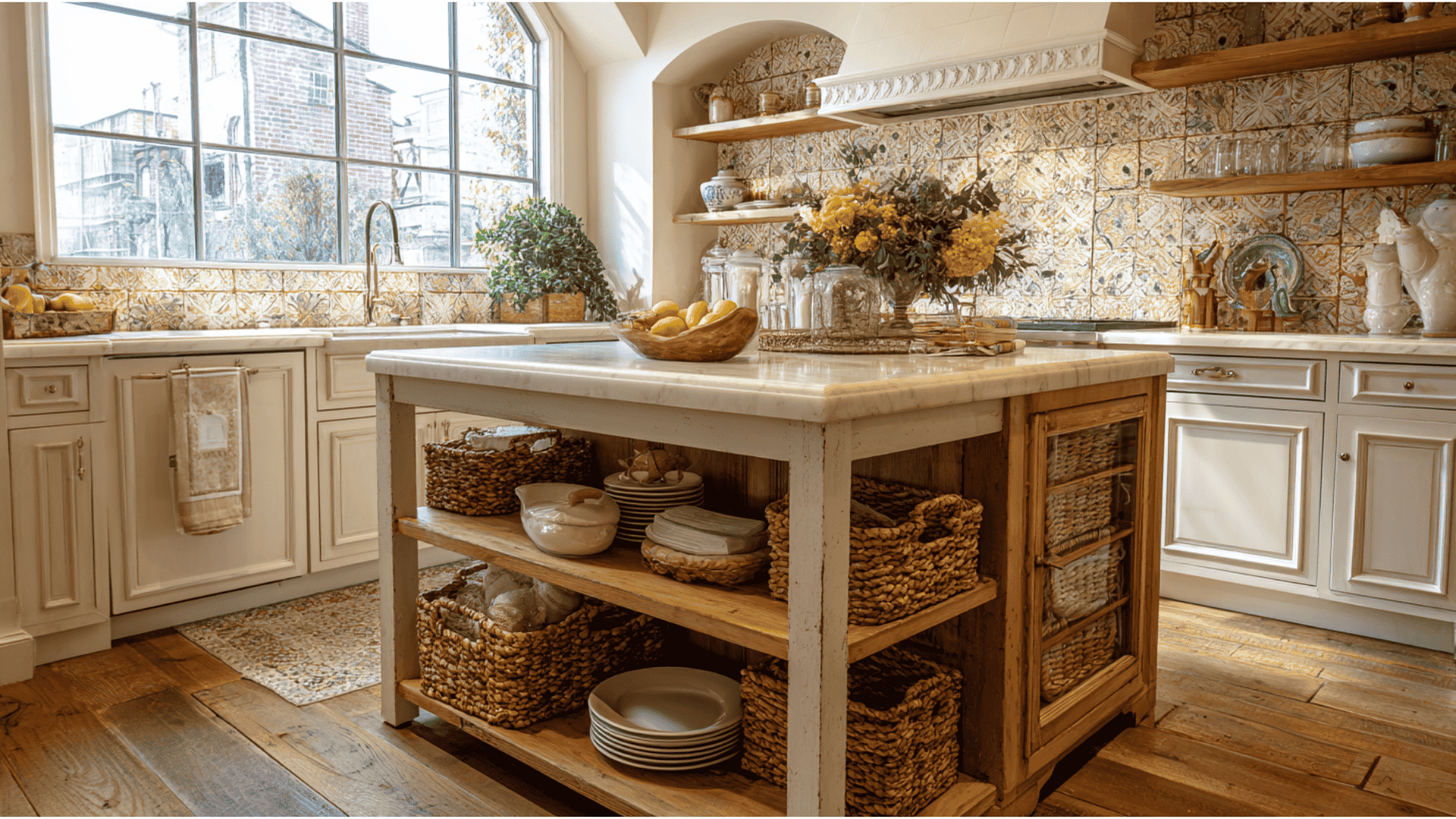 Bright, rustic farmhouse kitchen featuring a white marble-topped island with open wooden shelving filled with woven basket