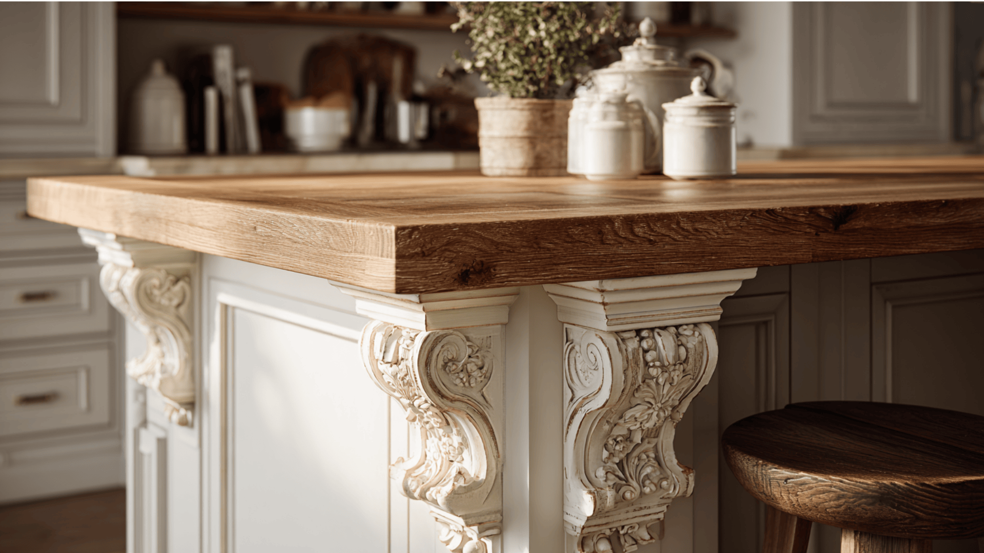 Close up of a rustic wood kitchen island with ornate, distressed white corbels supporting a thick butcher block countertop.
