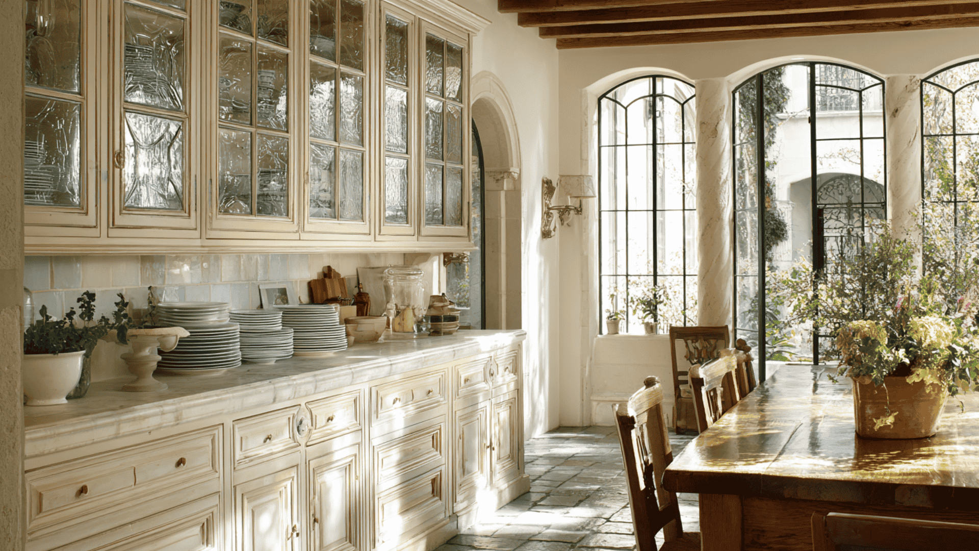 Rustic kitchen with distressed white cabinetry, marble countertop, and tall arched windows overlooking an outdoor patio.