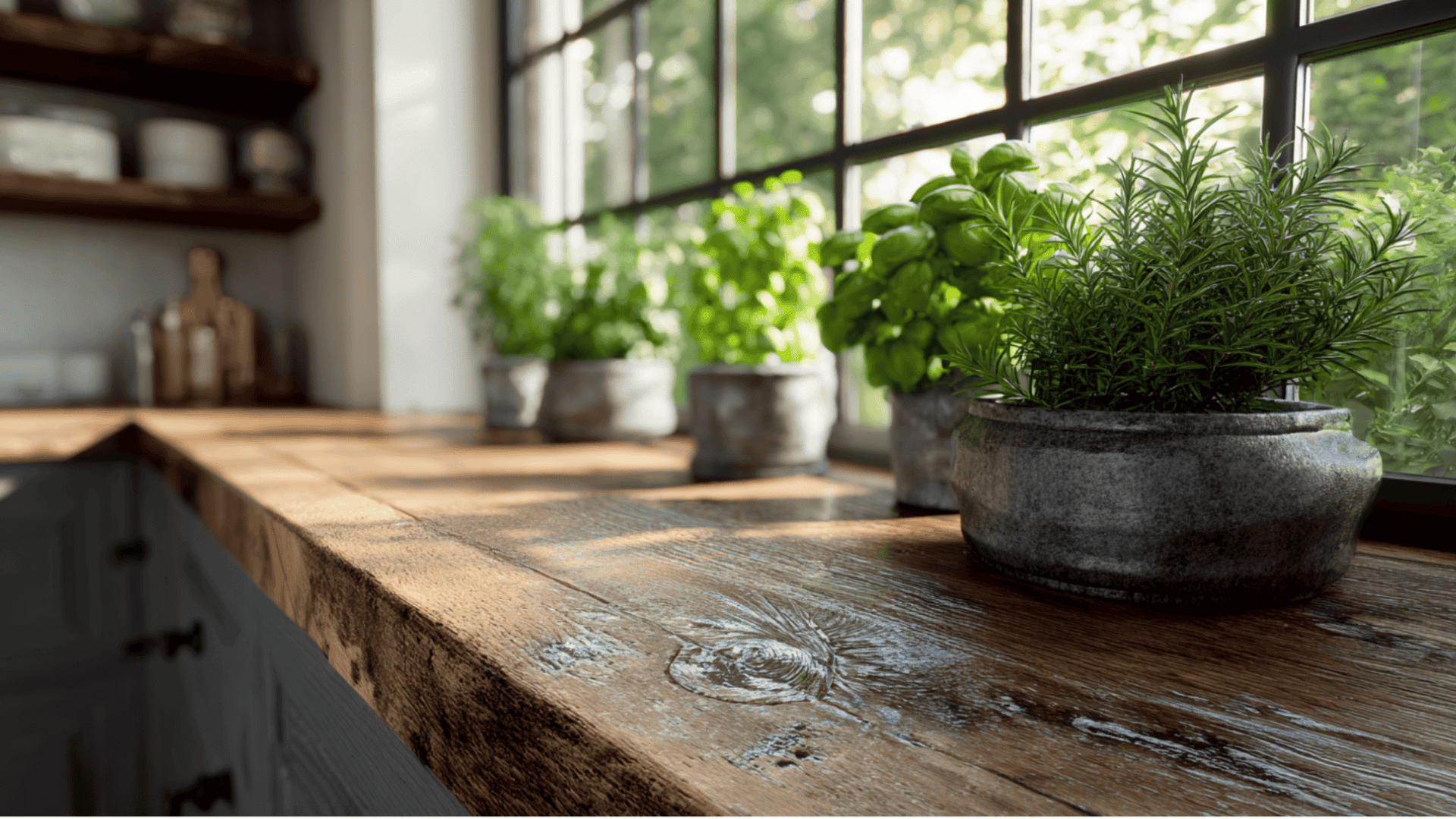Several potted herbs, including rosemary and basil, sit on a textured, dark wooden kitchen countertop beneath a large, divided window with bright outdoor greenery visible.