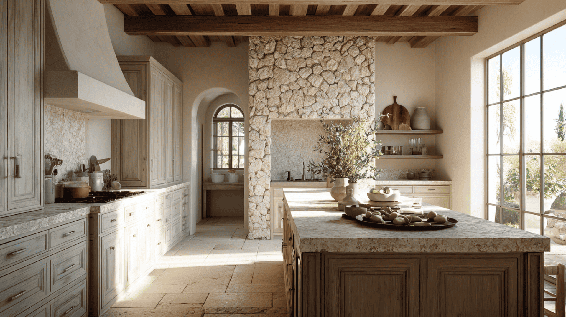 Spacious Tuscan-style kitchen featuring light wood cabinetry, a large stone-clad central pillar, dark wood island, and abundant natural light from grid windows.