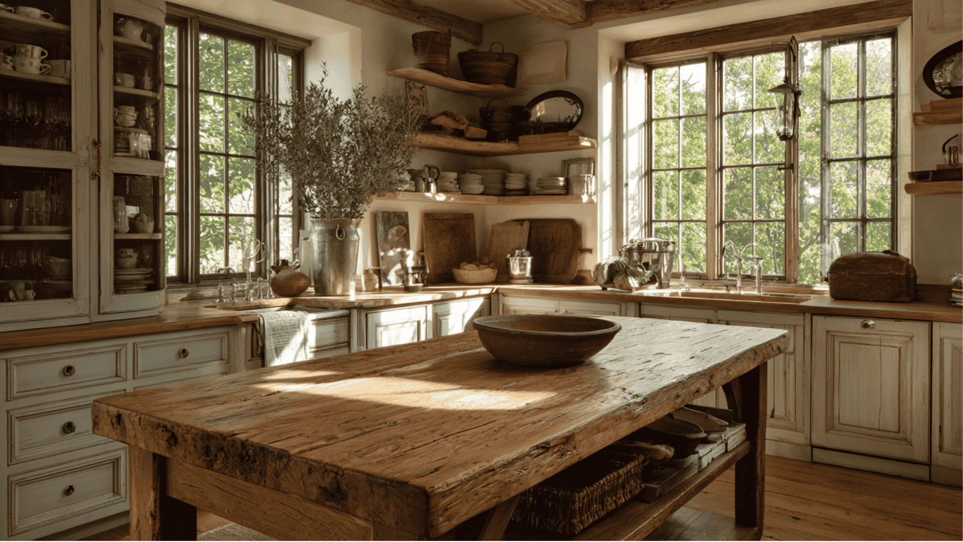Sunlit rustic kitchen featuring a thick, distressed wood island with a dark bowl in the foreground, surrounded by pale cabinetry and large grid windows overlooking lush greenery.