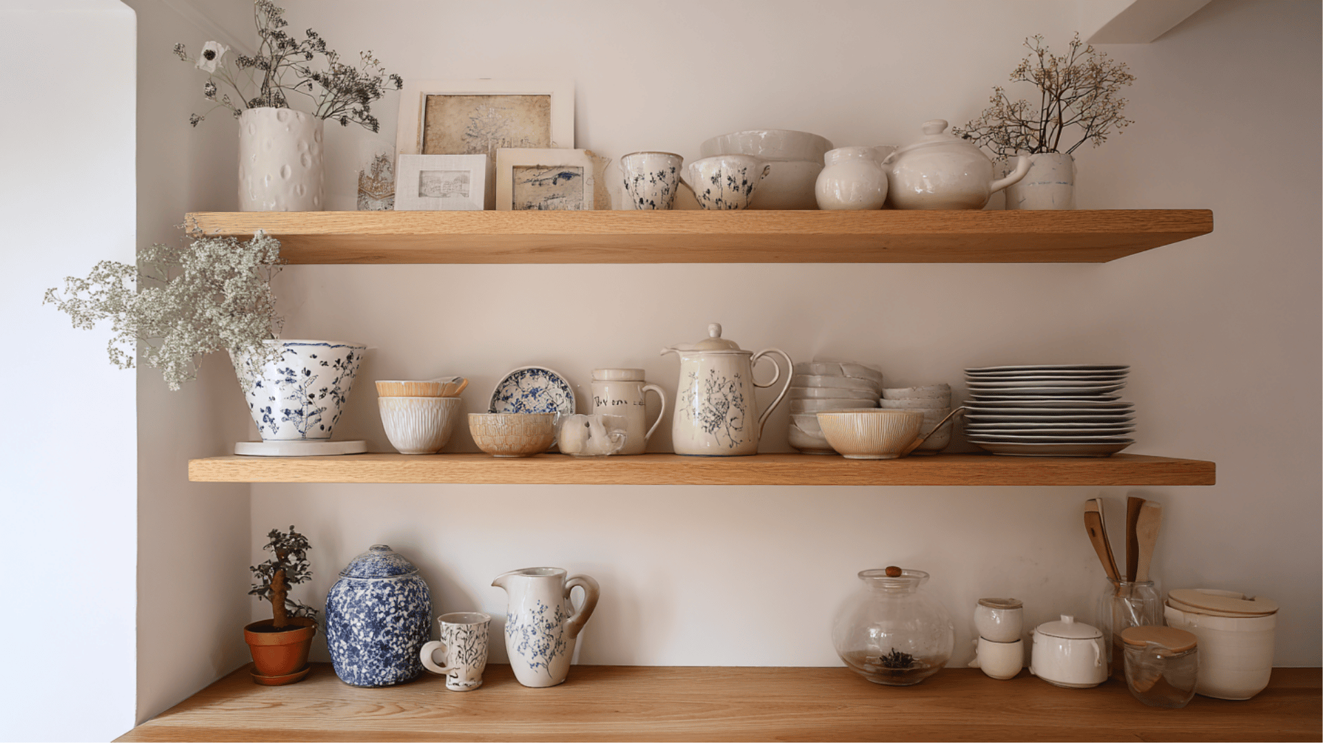 Three tiers of wooden shelving display white and blue ceramic dishware, dried flowers in vases, framed artwork, and small potted plants against a light wall.