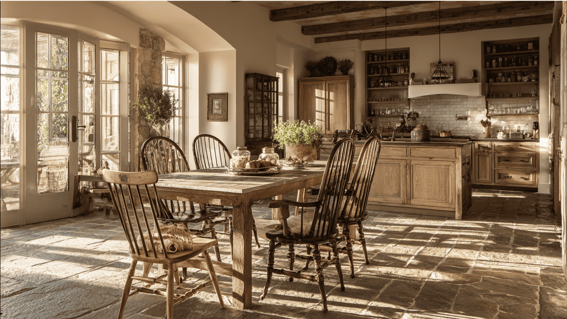 weathered wood table with mixed chair