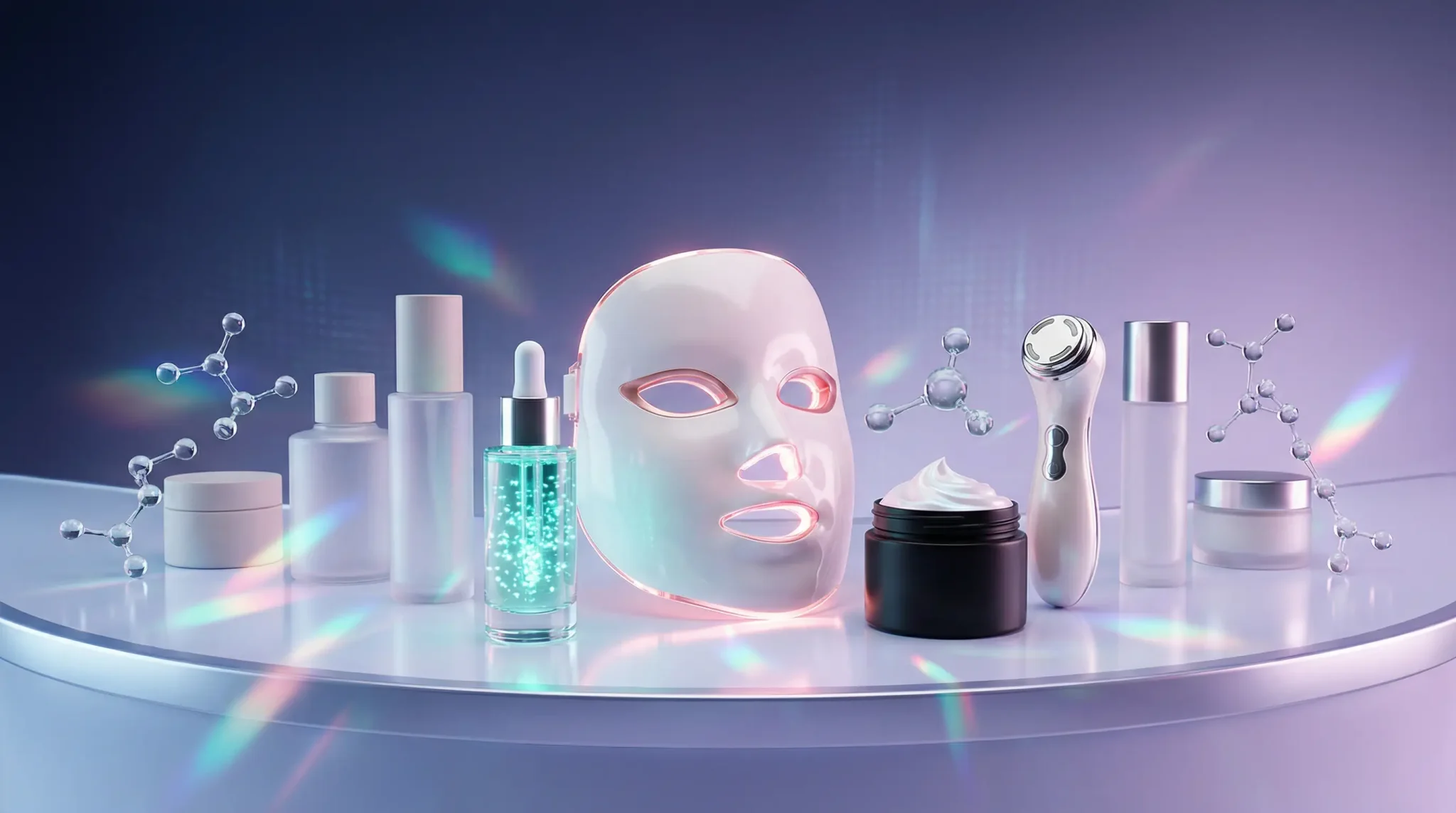 LED face mask and skincare products displayed on reflective surface with molecule models in purple lighting