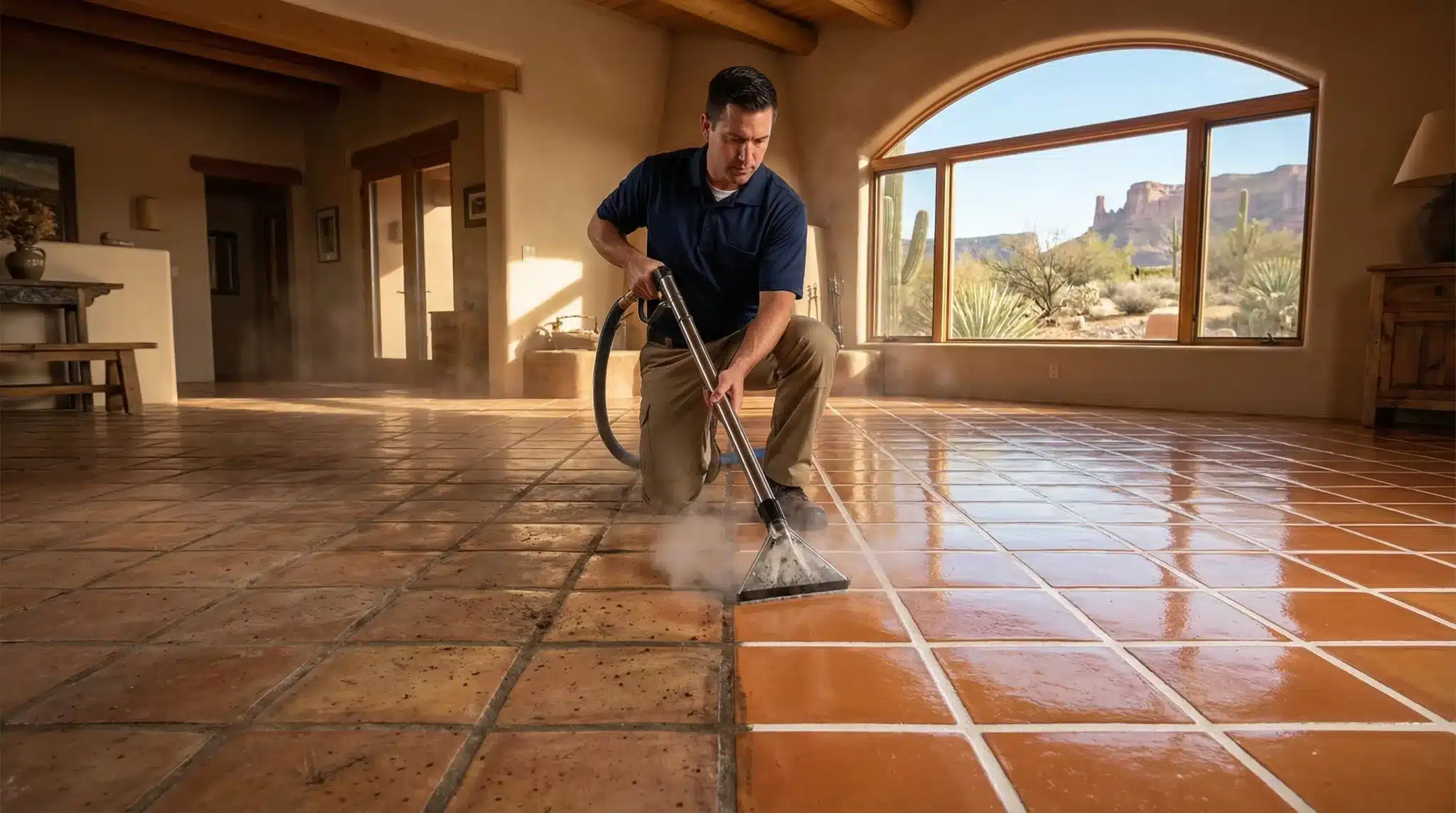 Man cleaning terracotta tile floor with steam cleaner in sunlit room with large window