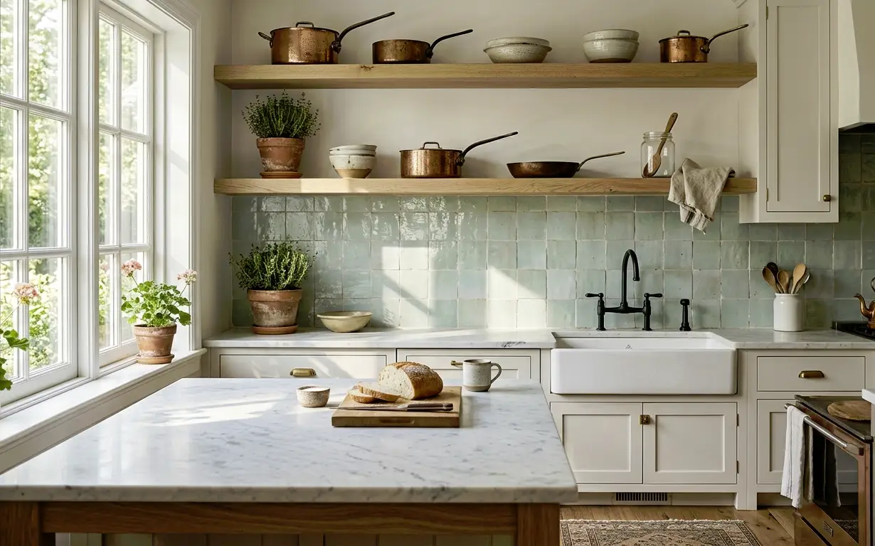 Light-filled kitchen with open shelving, copper cookware, and bread on a marble countertop