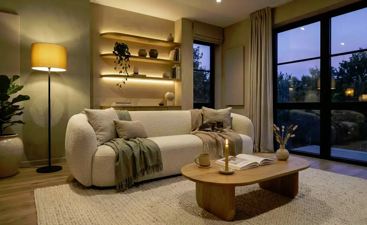 Cozy living room with textured white sofa, wooden coffee table, shelves, and warm lighting