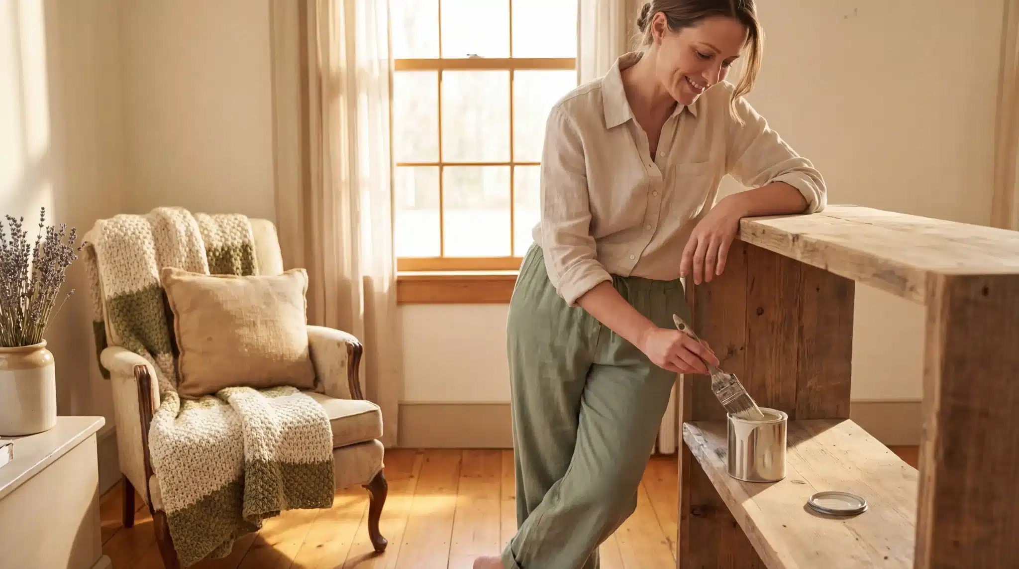 Woman painting wooden shelf in bright, cozy living room with natural light