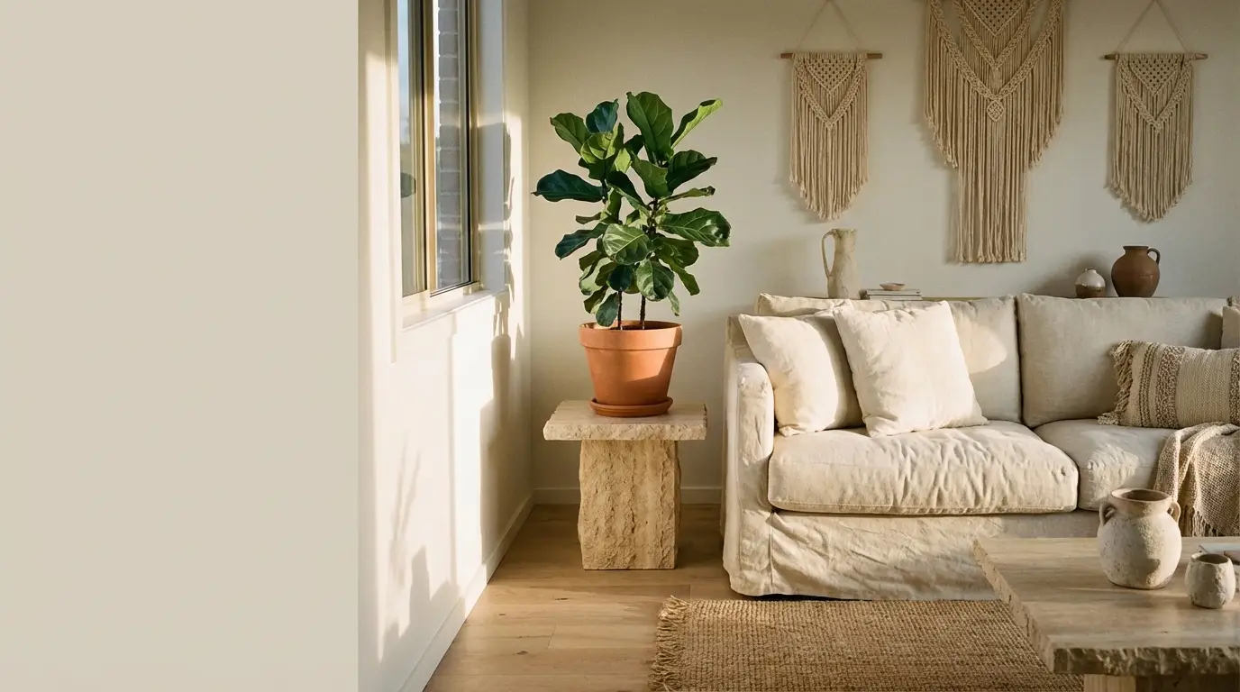 Fiddle leaf fig plant on stone pedestal beside cream sofa in sunlit living room
