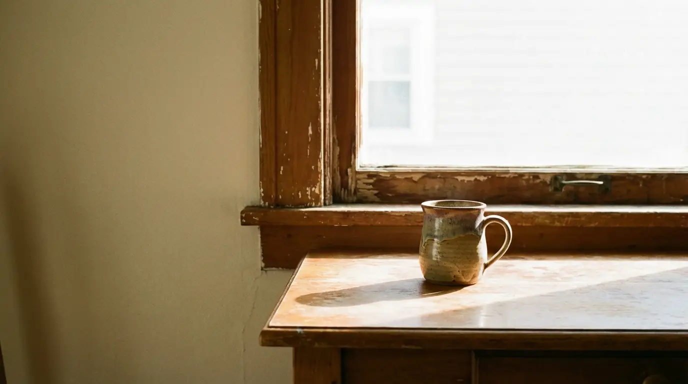 Ceramic mug on wooden table by aged window in softly lit room