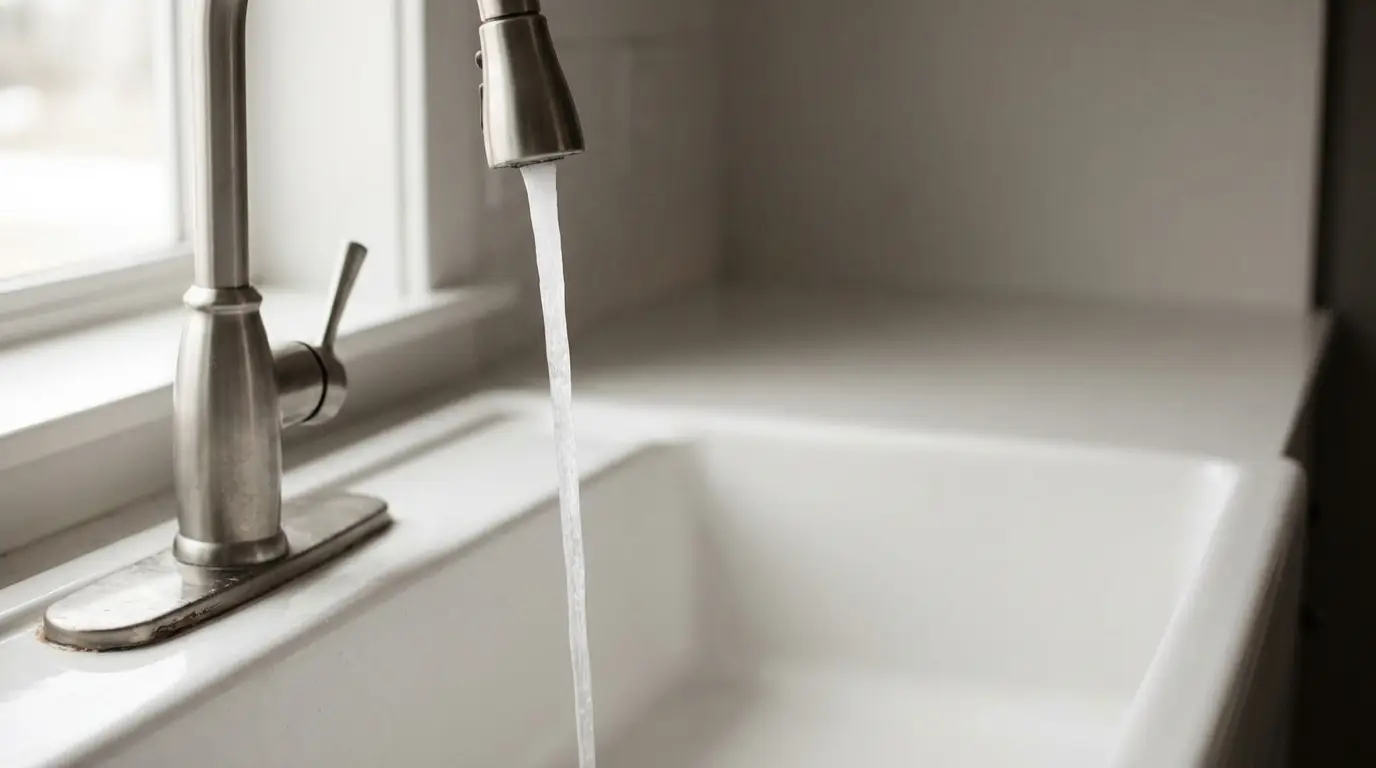 Stainless steel kitchen faucet with running water in white sink near window