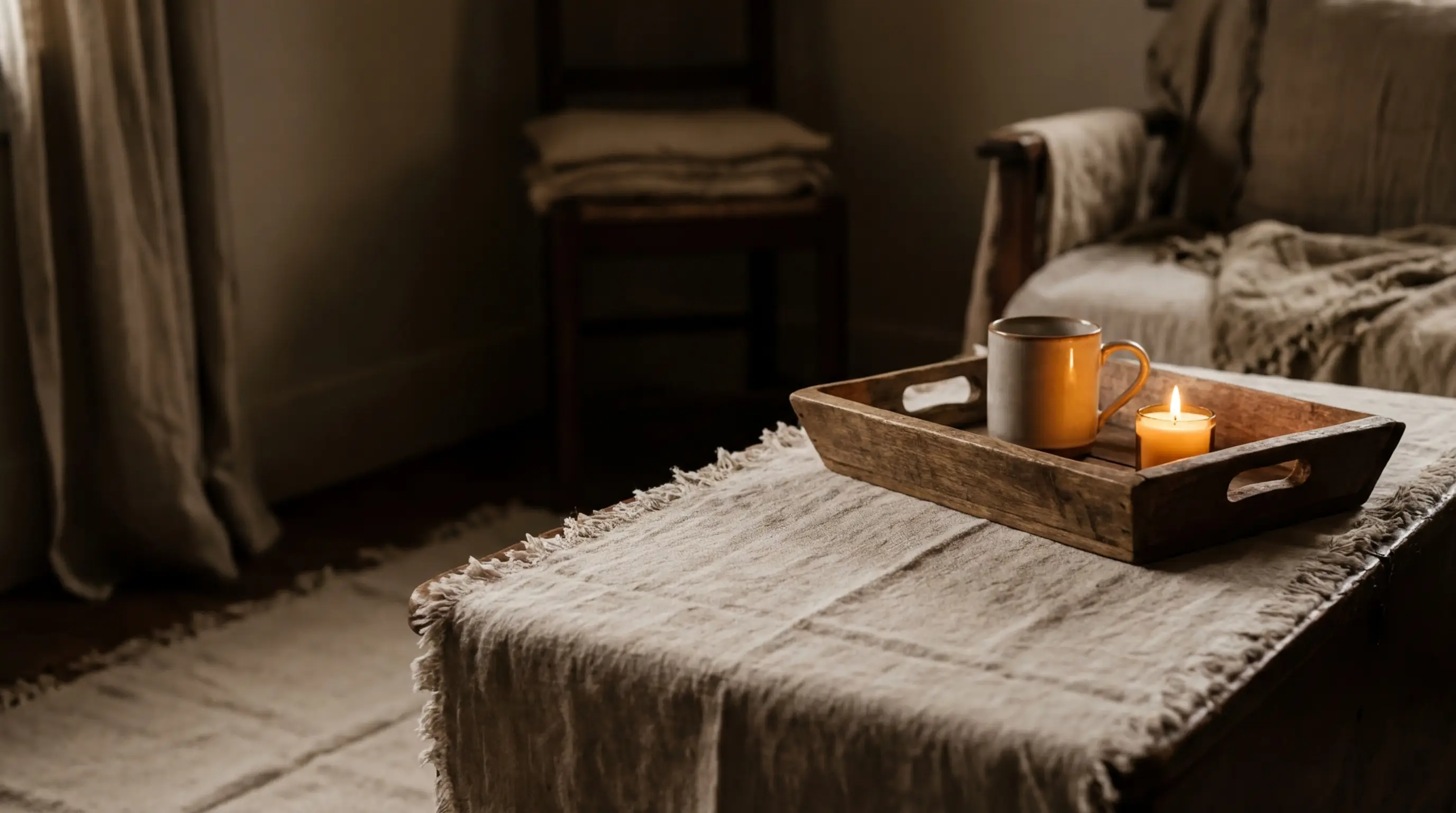 Rustic living room with wooden tray, ceramic mug, and lit candle on linen-covered table