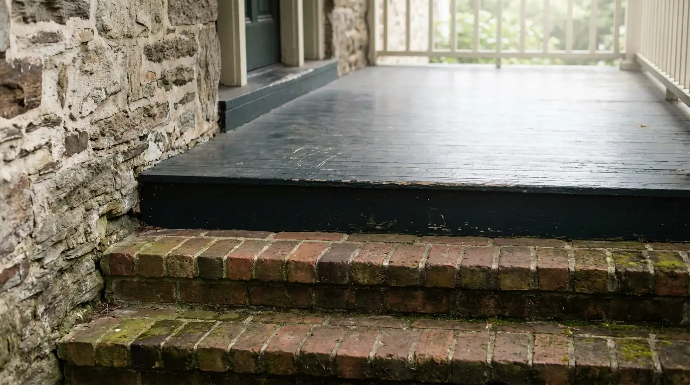 Aged brick steps leading to wooden porch with stone wall in outdoor setting