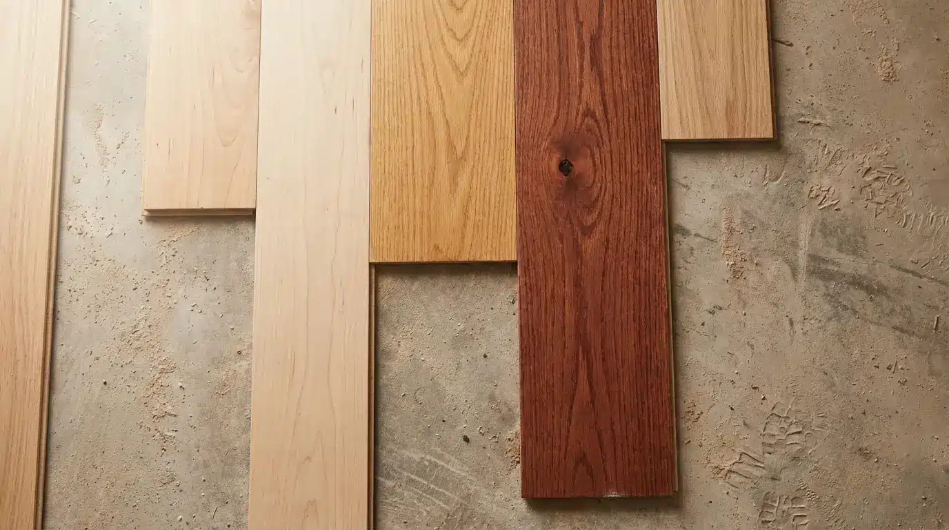 Wooden flooring samples in various shades laid on a concrete surface