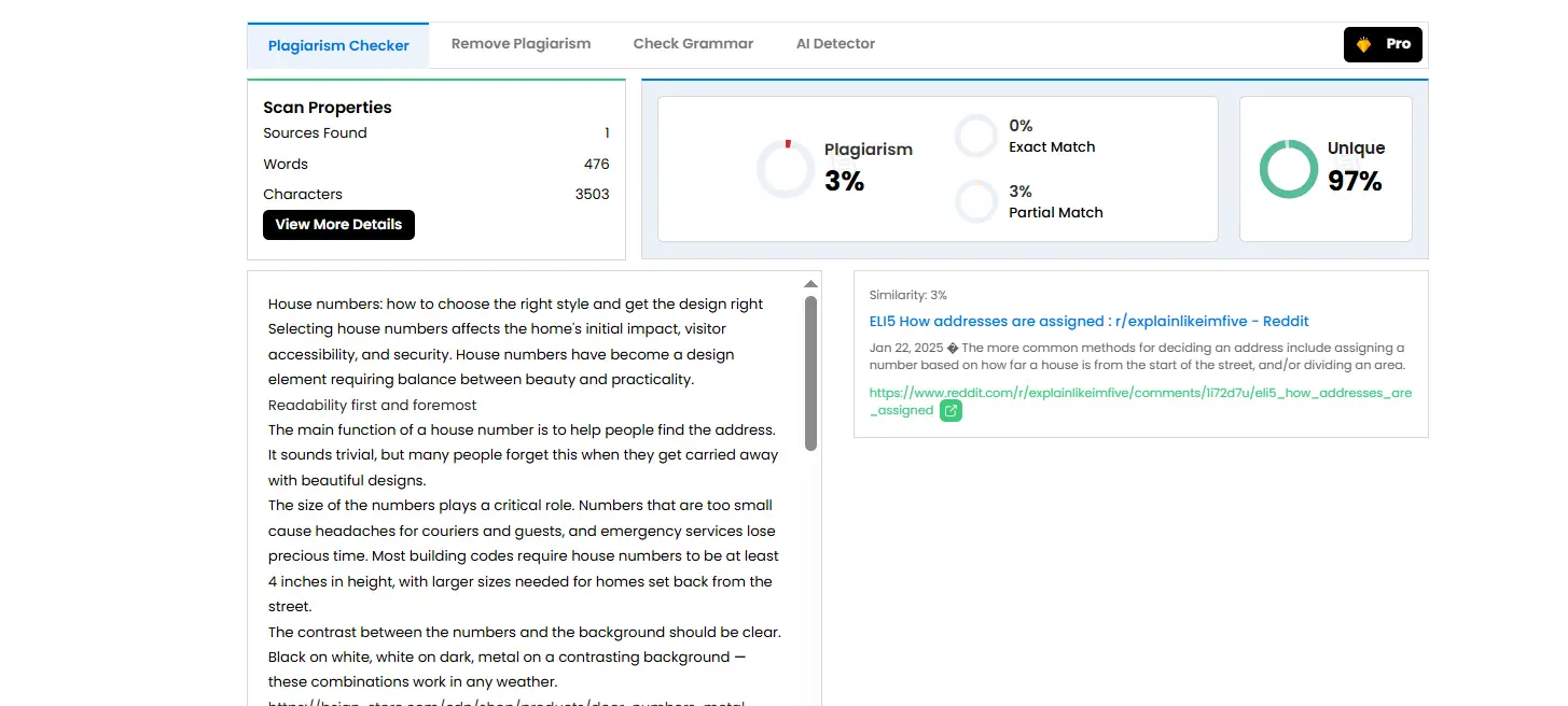 Plagiarism checker interface showing results with 3 percent similarity and detailed text analysis sections