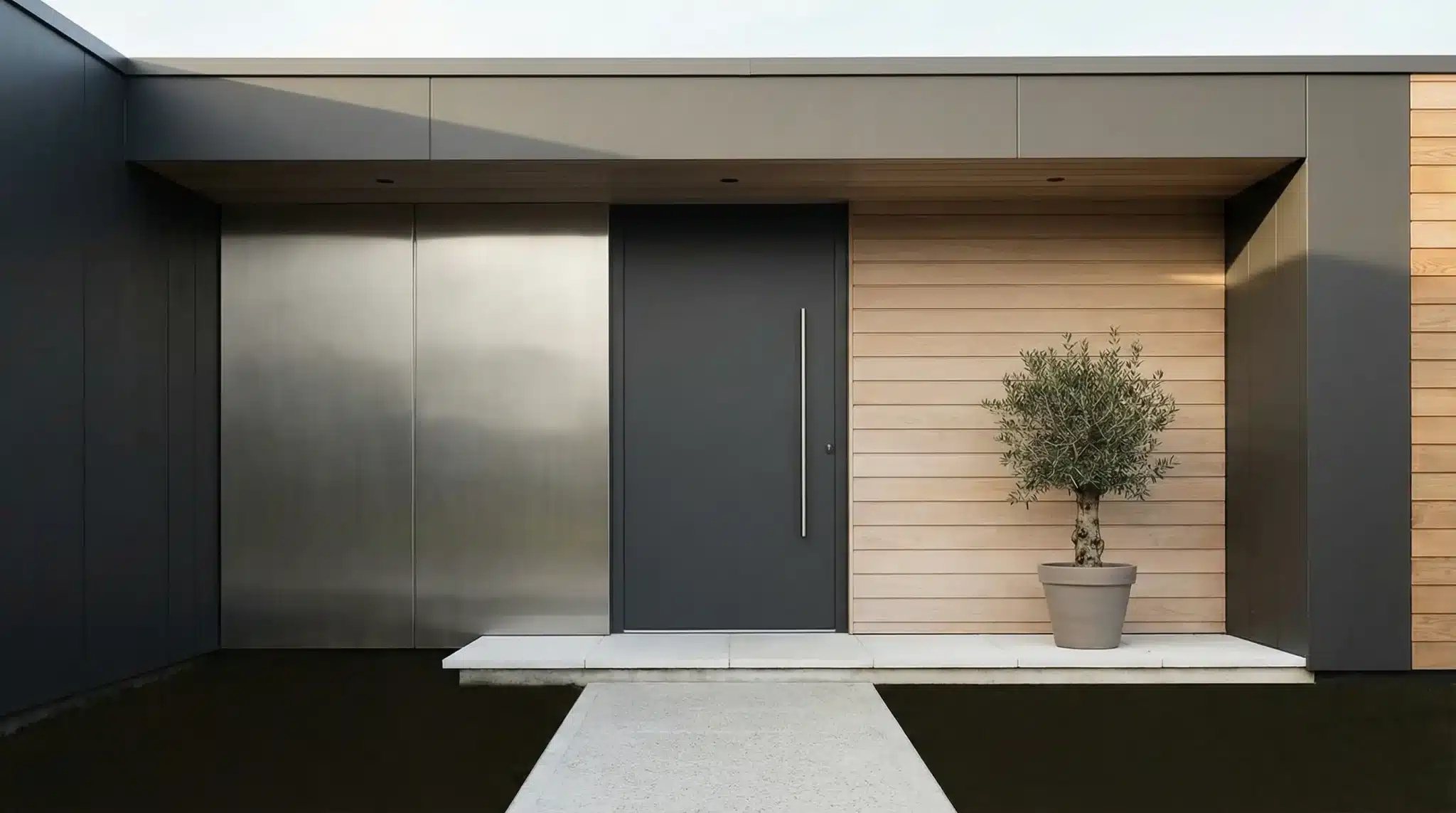 Modern minimalist house entrance with dark metal door and potted plant on wooden panel siding