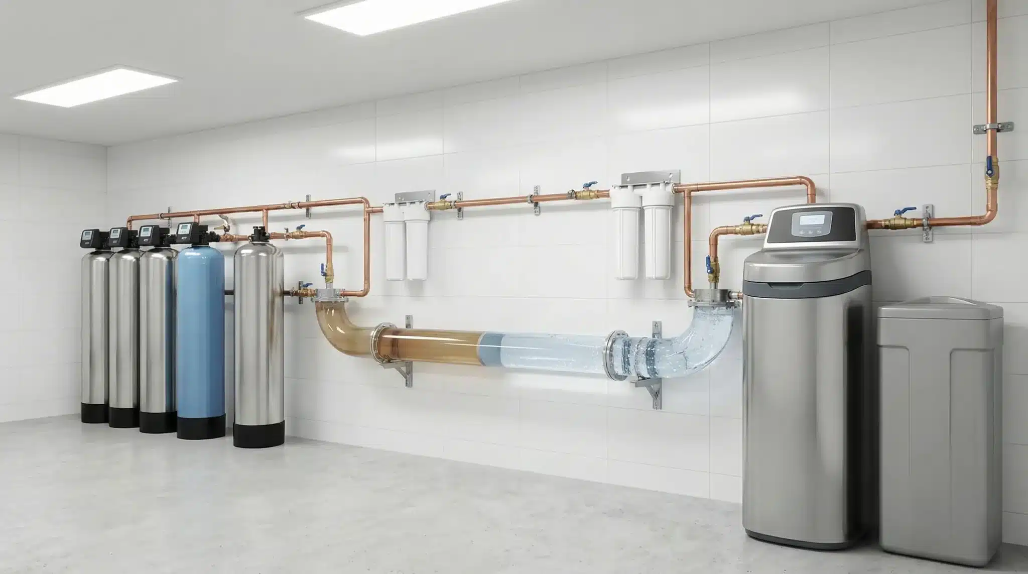Water filtration system with multiple metal cylinders and copper pipes in a bright, tiled room