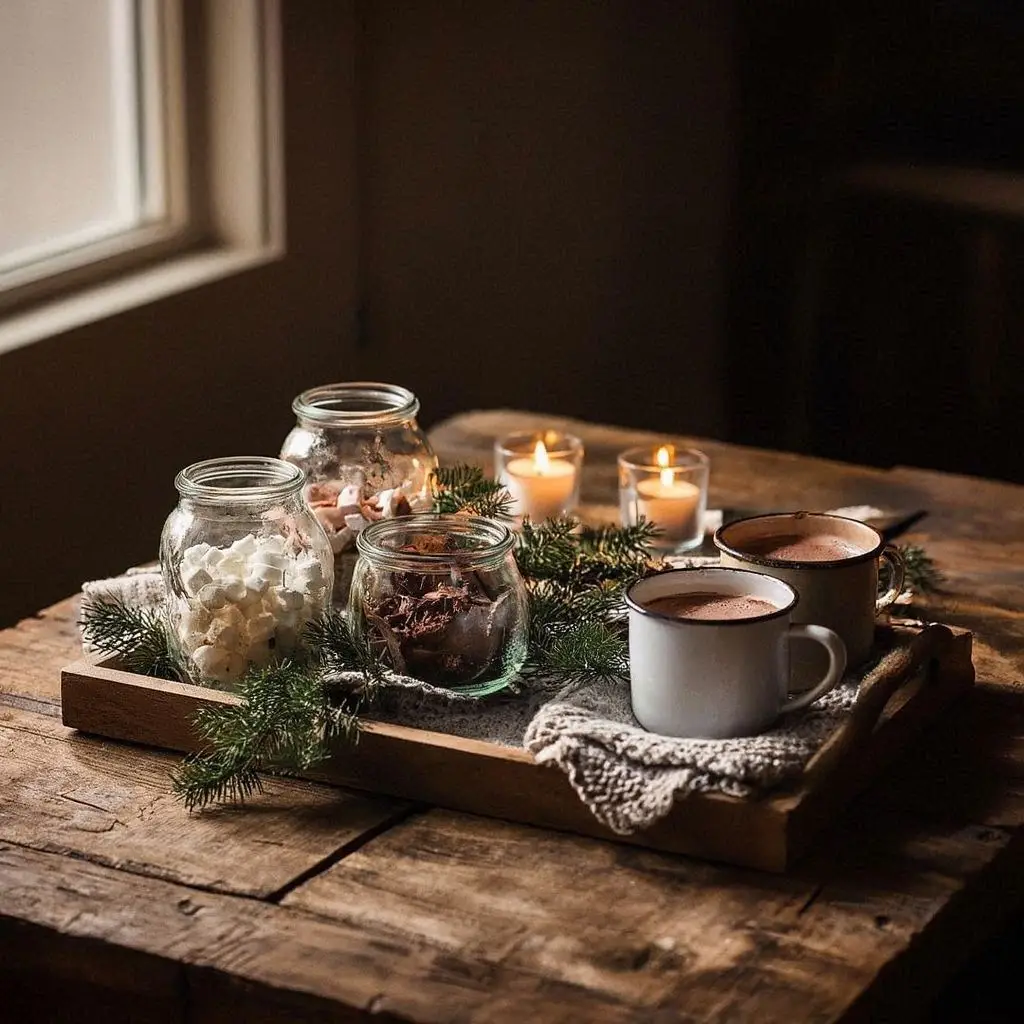 Hot chocolate and marshmallows on rustic wooden table with candles and evergreen sprigs