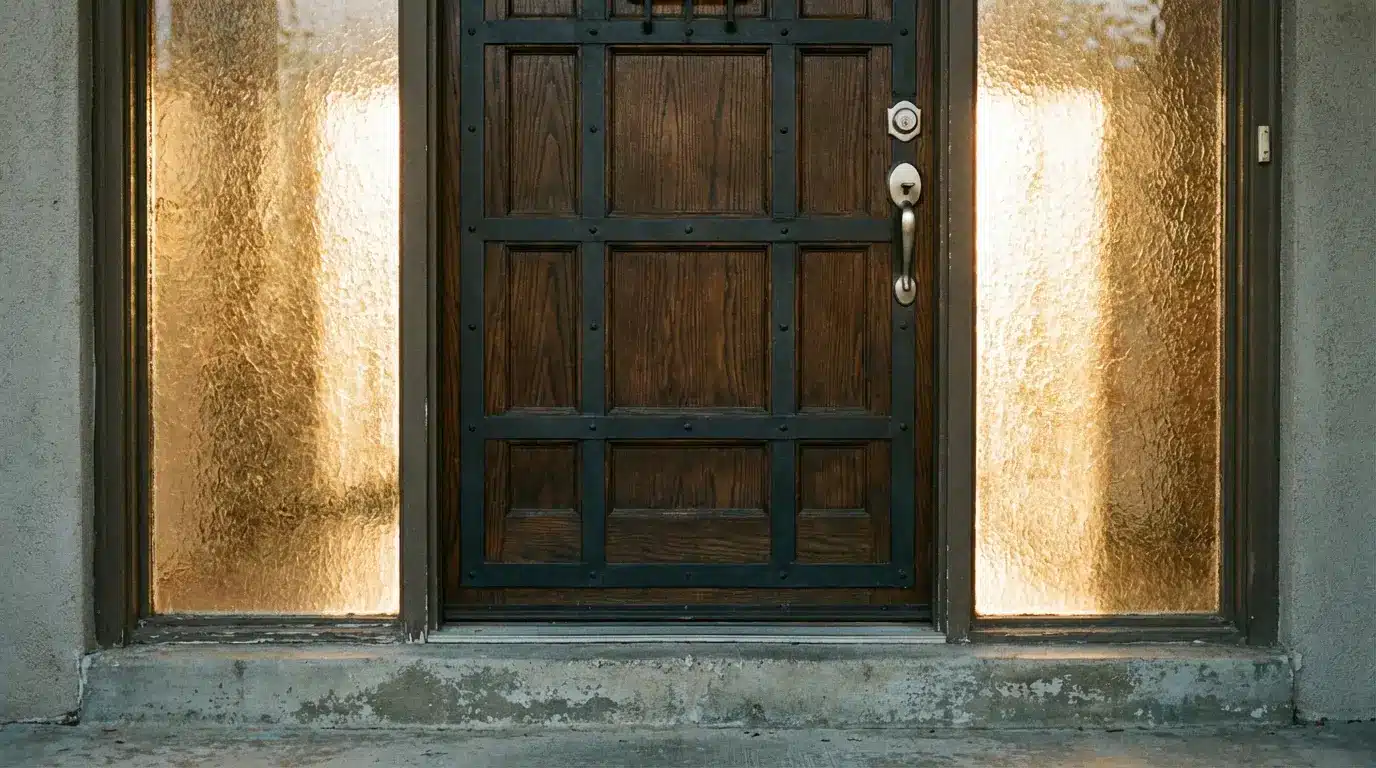 Wooden front door with glass side panels in soft outdoor lighting