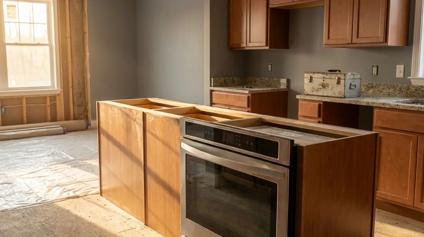 Unfinished kitchen renovation with wooden cabinets and granite countertops in natural light