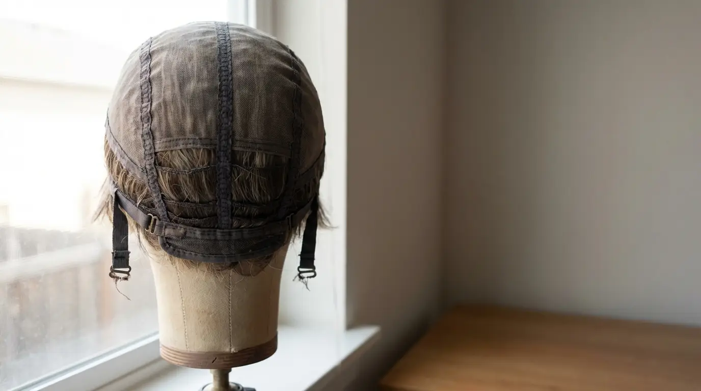 Vintage leather flight helmet on mannequin head by a window in dimly lit room