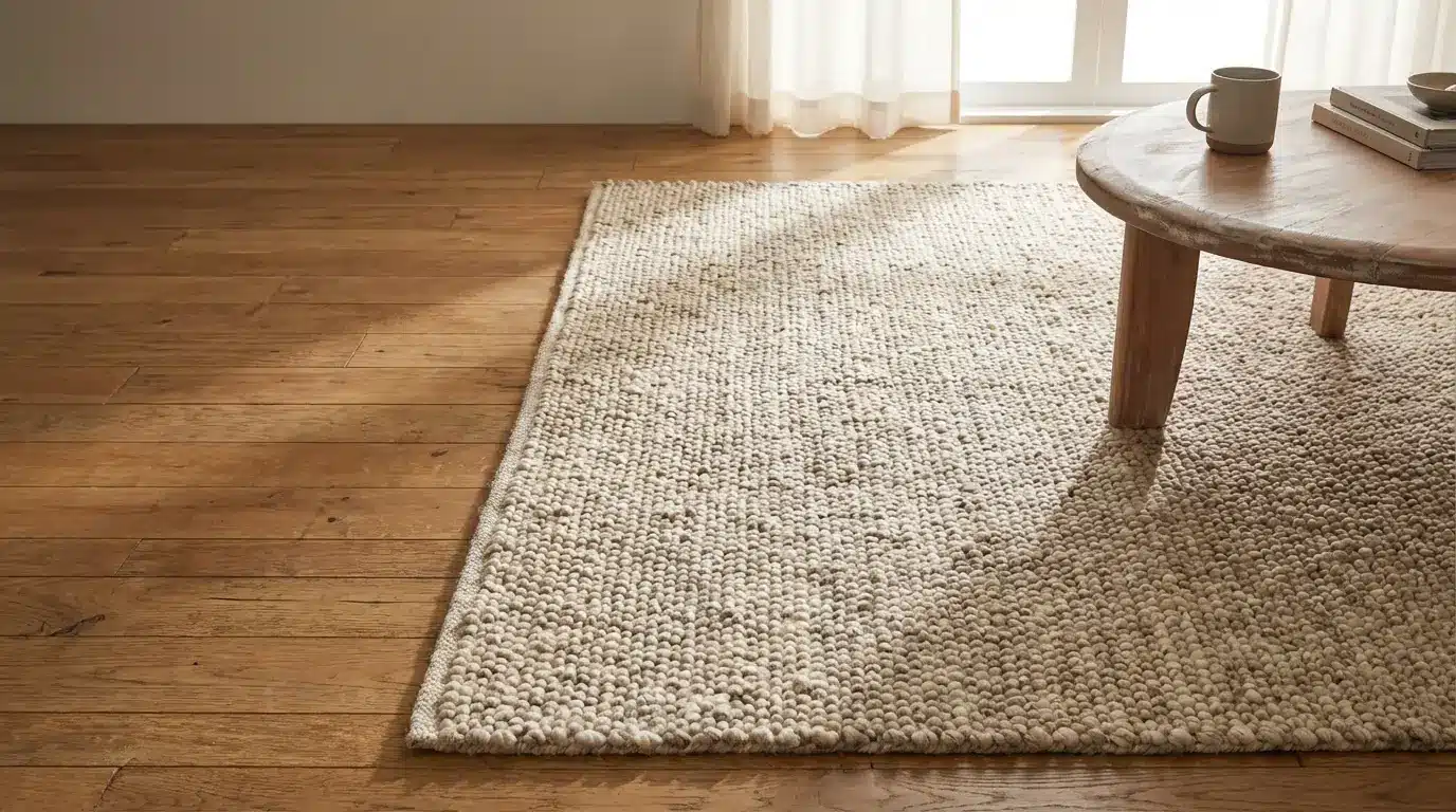 Cozy living room with textured beige rug and wooden coffee table in soft natural light