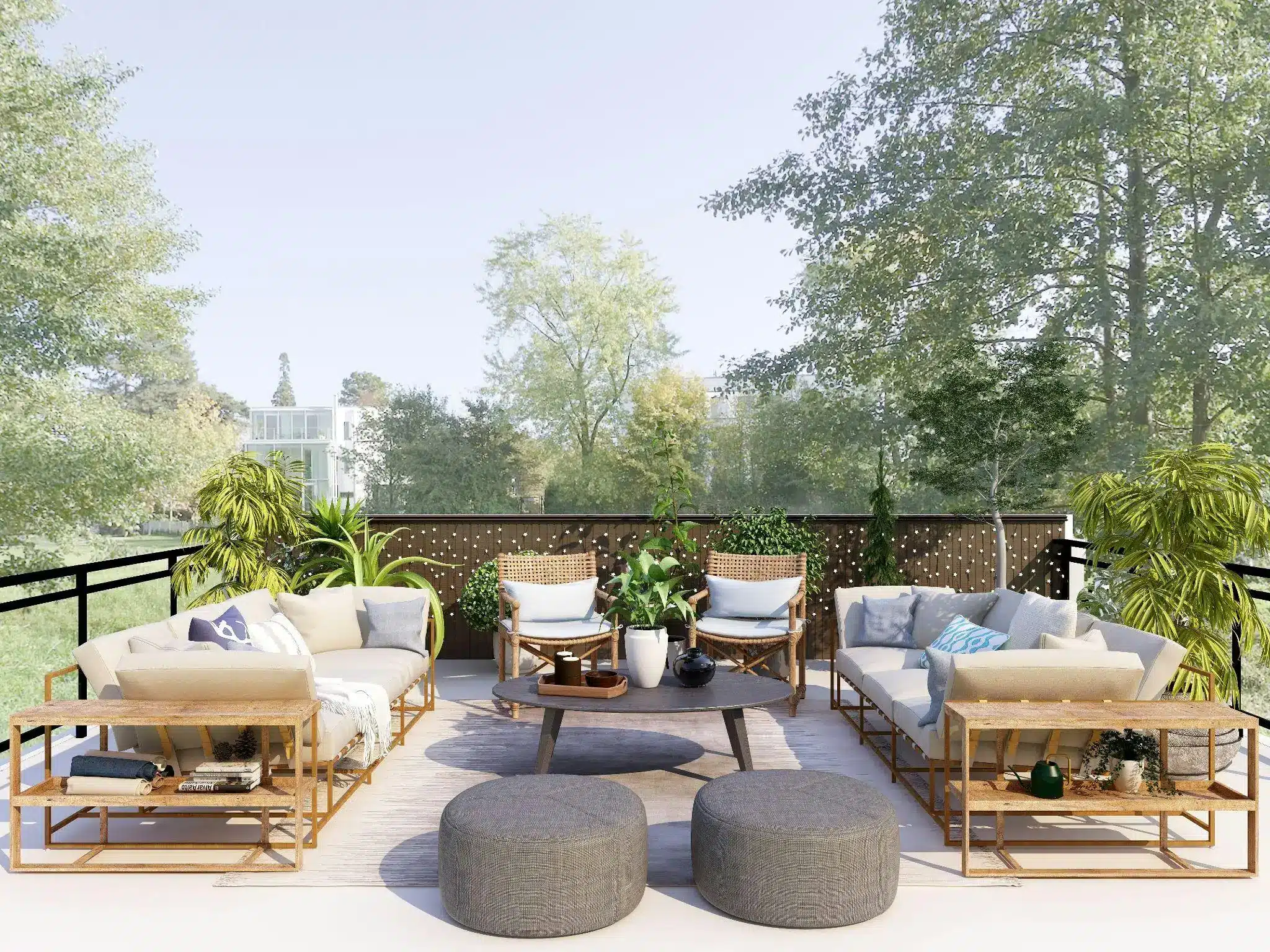 Outdoor patio with wicker sofas, potted plants, and round tables under clear sky