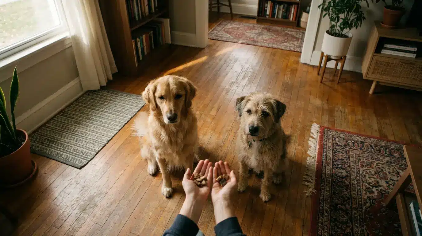 Two dogs sitting on wooden floor with hands offering treats in cozy living room