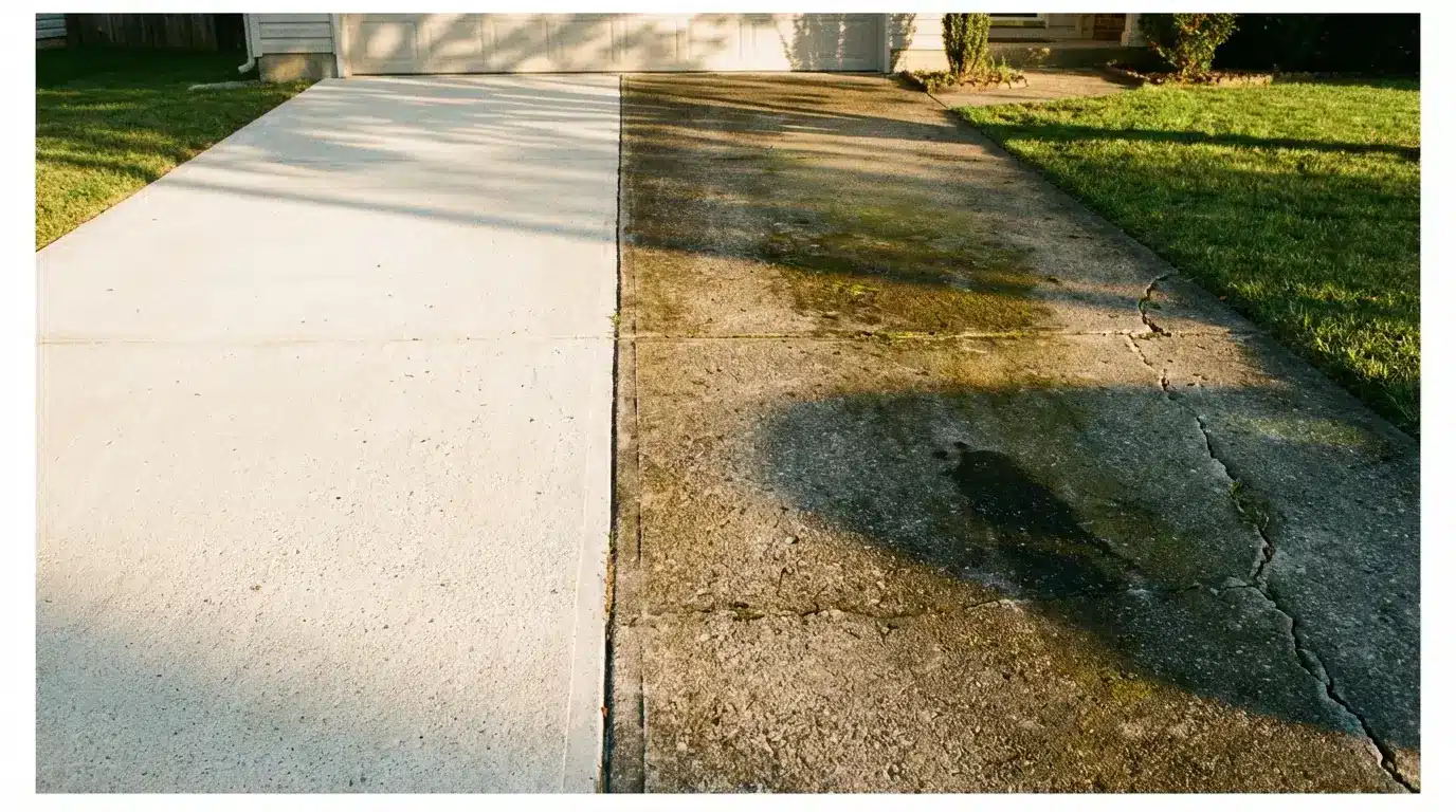 Clean concrete driveway next to dirty, moss-covered section under sunlight